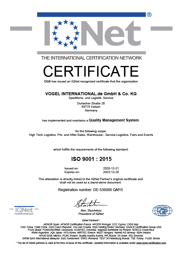 Certificate - High Tech Logistics, Pre- and After-Sales, Warehouse-, Service-Logistics, Fairs and Events